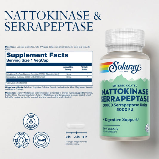 Close-up of SOLARAY nattokinase serrapeptase capsules