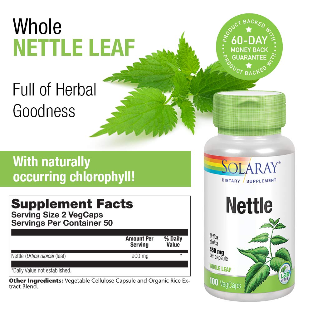 Non-GMO and vegan icons on SOLARAY Nettle Leaf 900 mg label