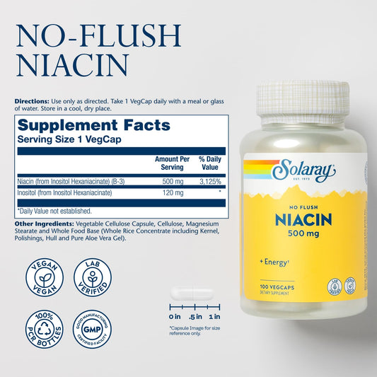 Close-up of SOLARAY Niacin flush-free label