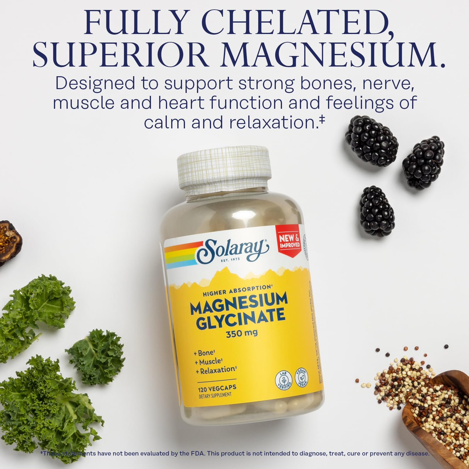 Non-GMO and Vegan certification logos for SOLARAY Magnesium Glycinate