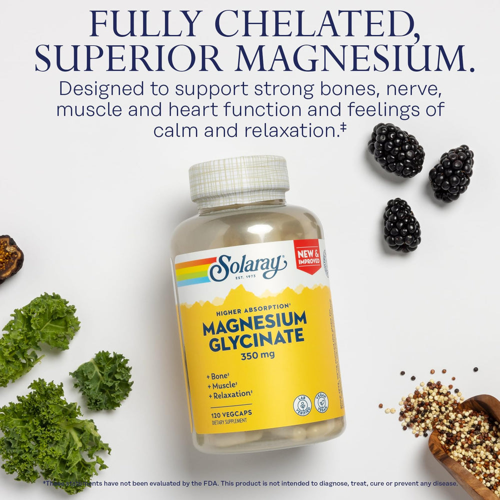 Non-GMO and Vegan certification logos for SOLARAY Magnesium Glycinate