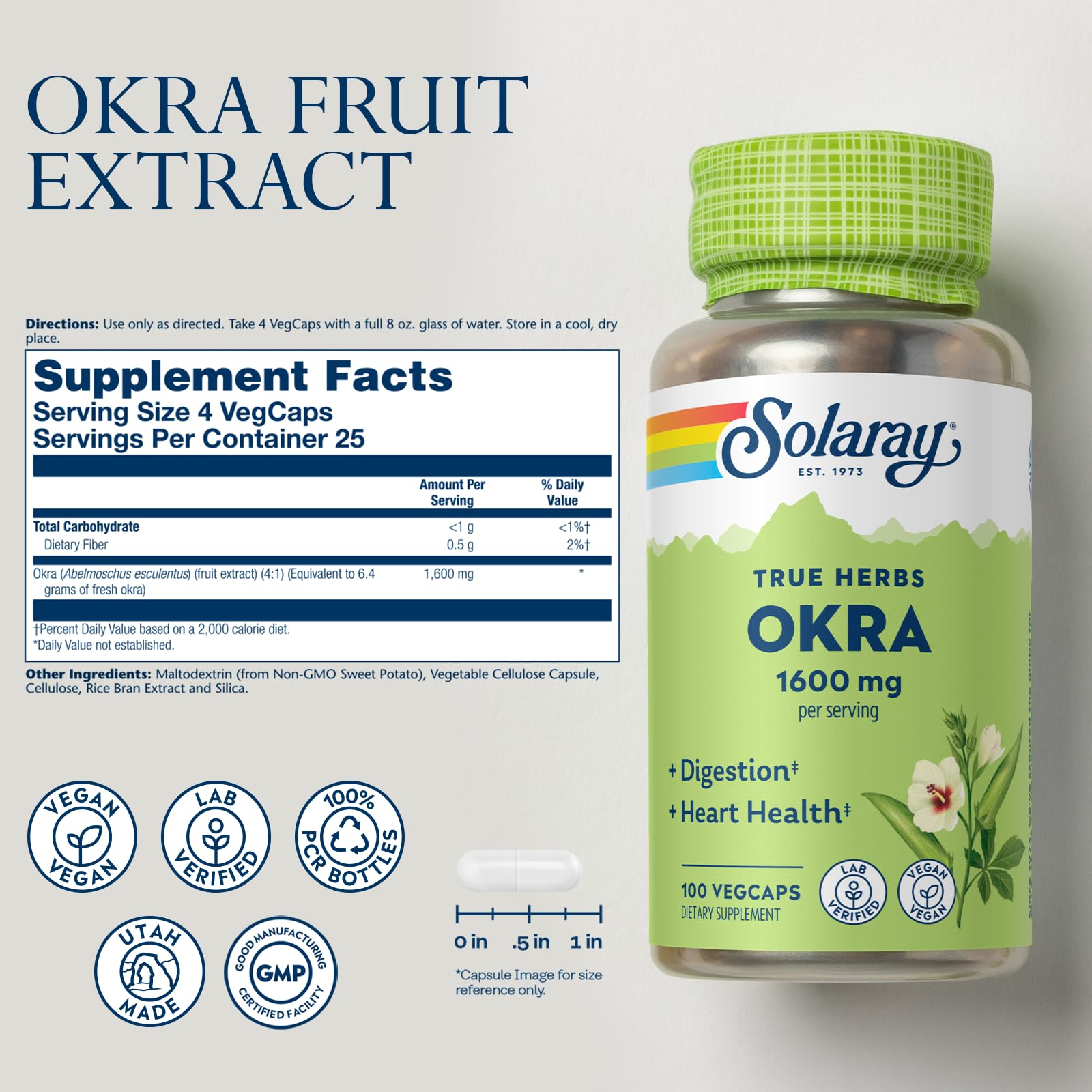 Serving size showing 4 capsules for Okra Fruit supplement