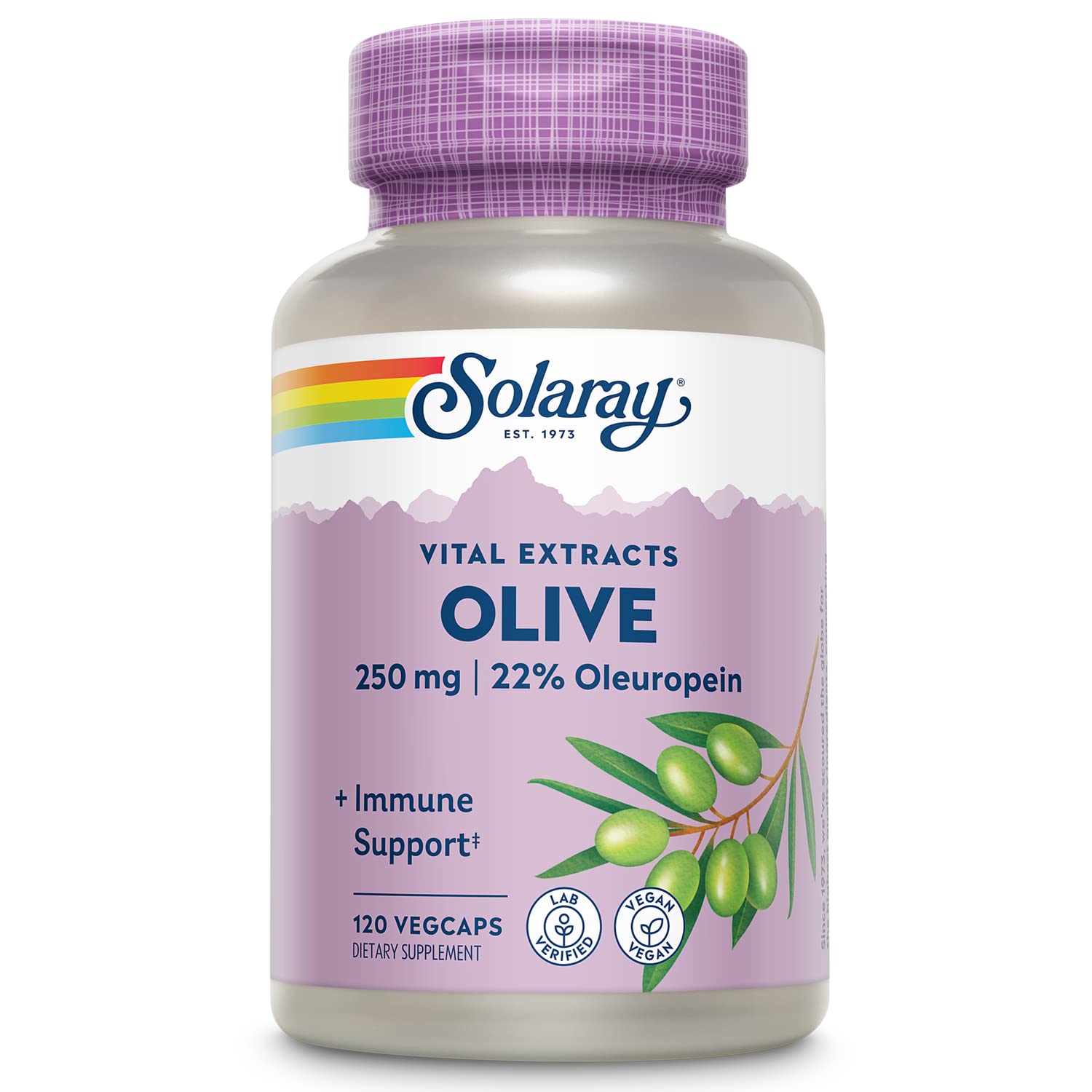 SOLARAY Olive Leaf Extract 250 mg capsules bottle label showing 22% oleuropein