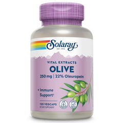 SOLARAY Olive Leaf Extract 250 mg capsules bottle label showing 22% oleuropein
