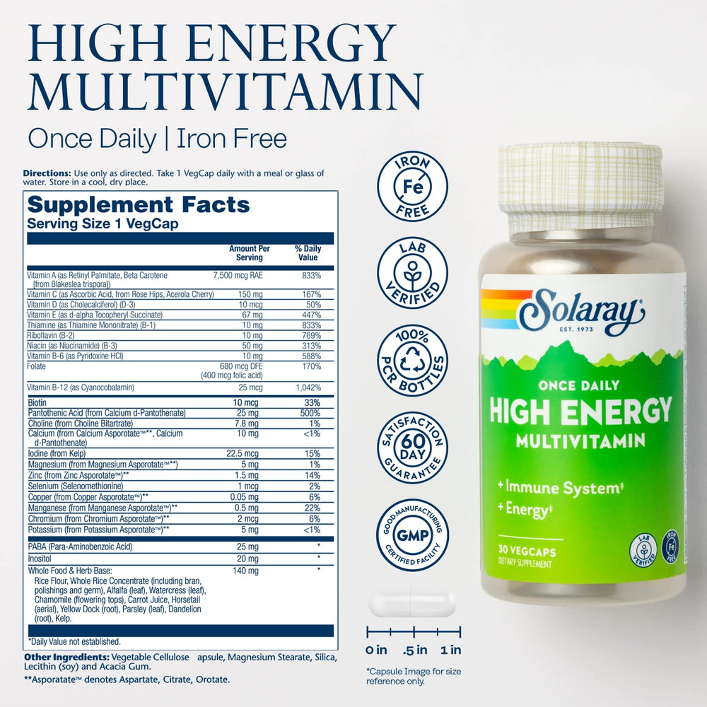 Close-up of SOLARAY multivitamin label showing iron-free formula