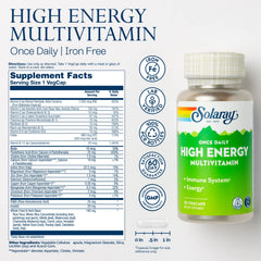 Close-up of SOLARAY multivitamin label showing iron-free formula