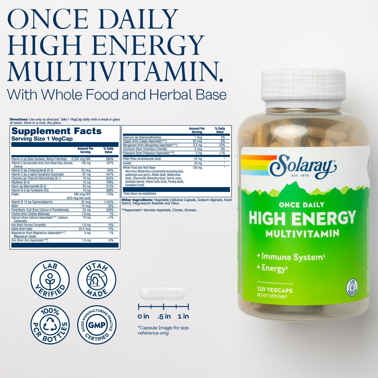Close-up of Solaray High Energy Multivitamin label highlighting Vitamin C, D and E