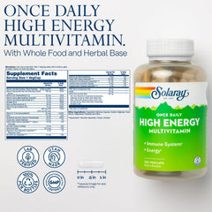 Close-up of Solaray High Energy Multivitamin label highlighting Vitamin C, D and E