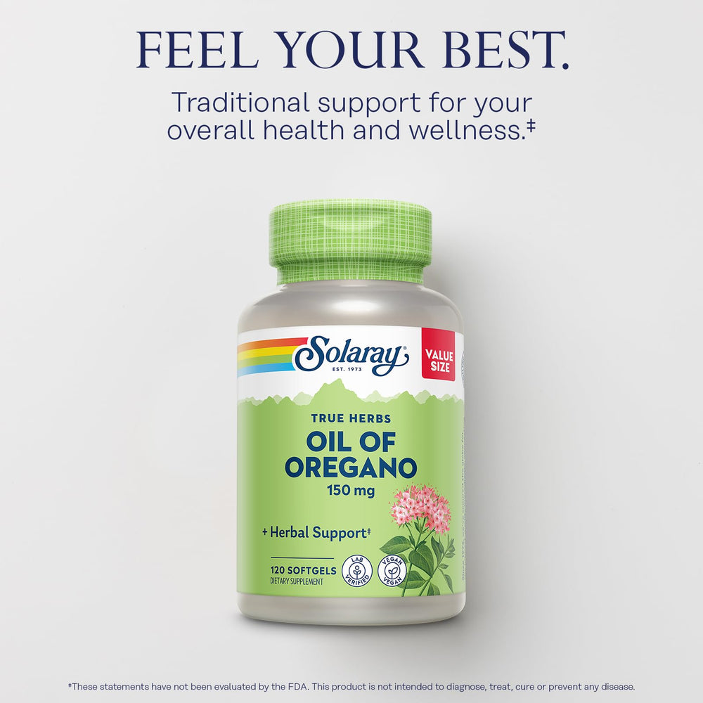 Label on SOLARAY Oregano Oil Softgels 150 mg