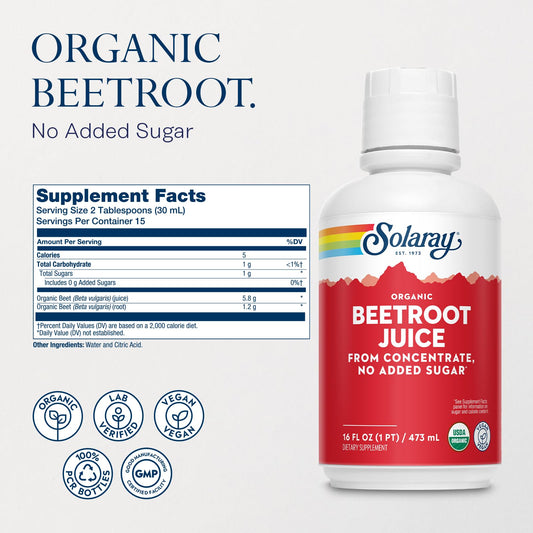 Back label of Solaray Organic Beetroot Juice from Concentrate 16 oz