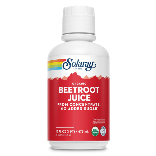 Front label of Solaray Organic Beetroot Juice from Concentrate 16 oz