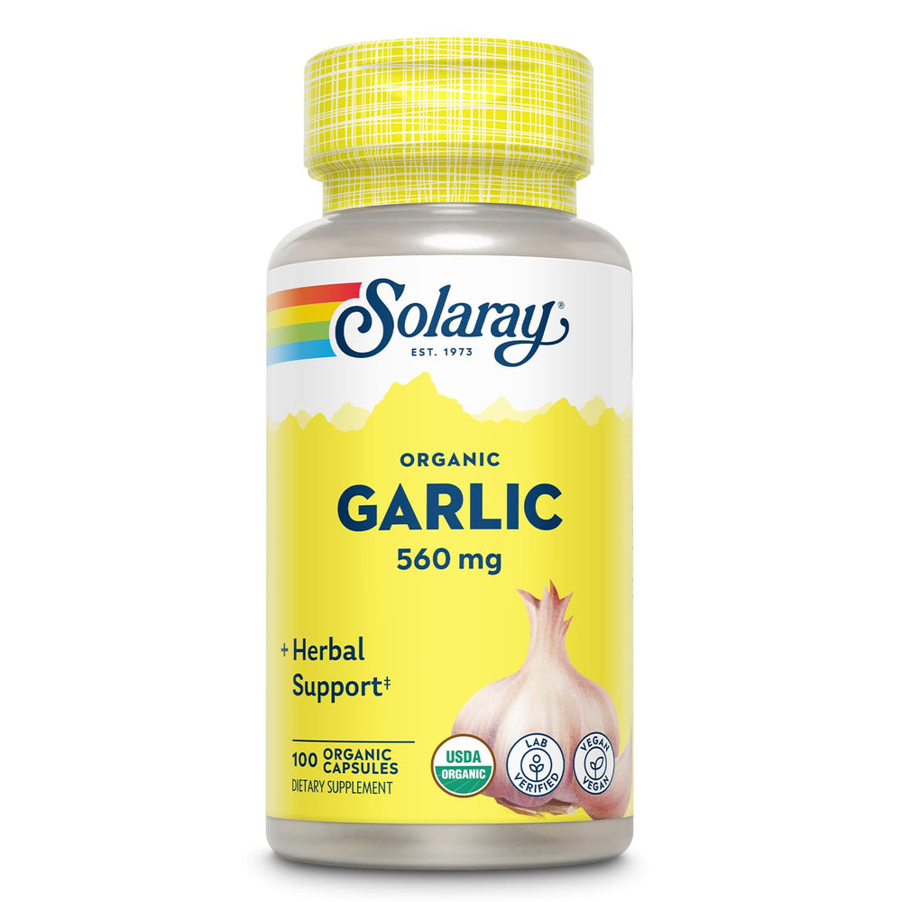 Solaray Organic Garlic Pills bottle with 560 mg garlic capsules