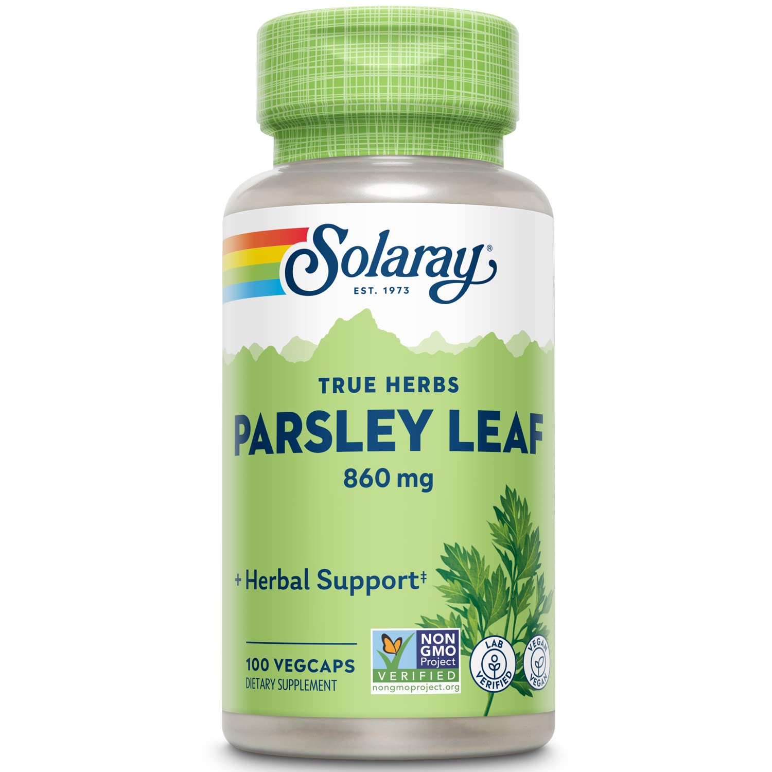SOLARAY Parsley Capsules bottle front label, 860 mg, 100 count