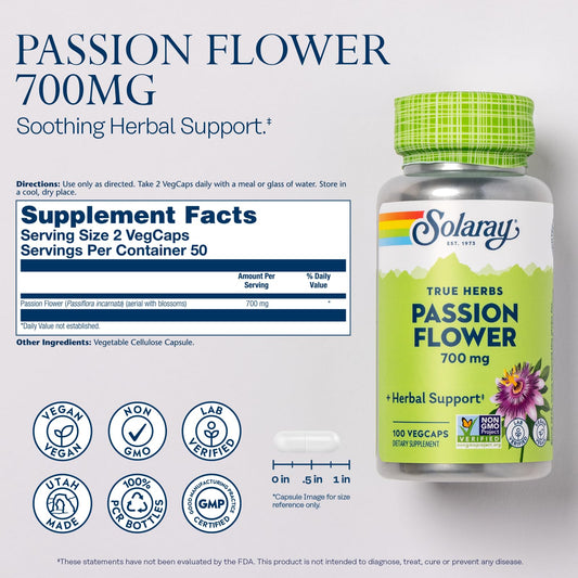 Back label of Solaray Passion Flower 700 mg Whole Aerial capsules pack with supplement facts