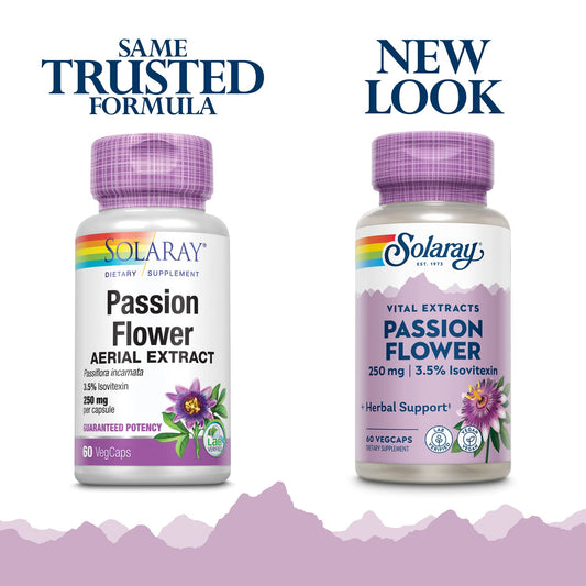 Close-up of SOLARAY Passion Flower Extract 250 mg bottle and label