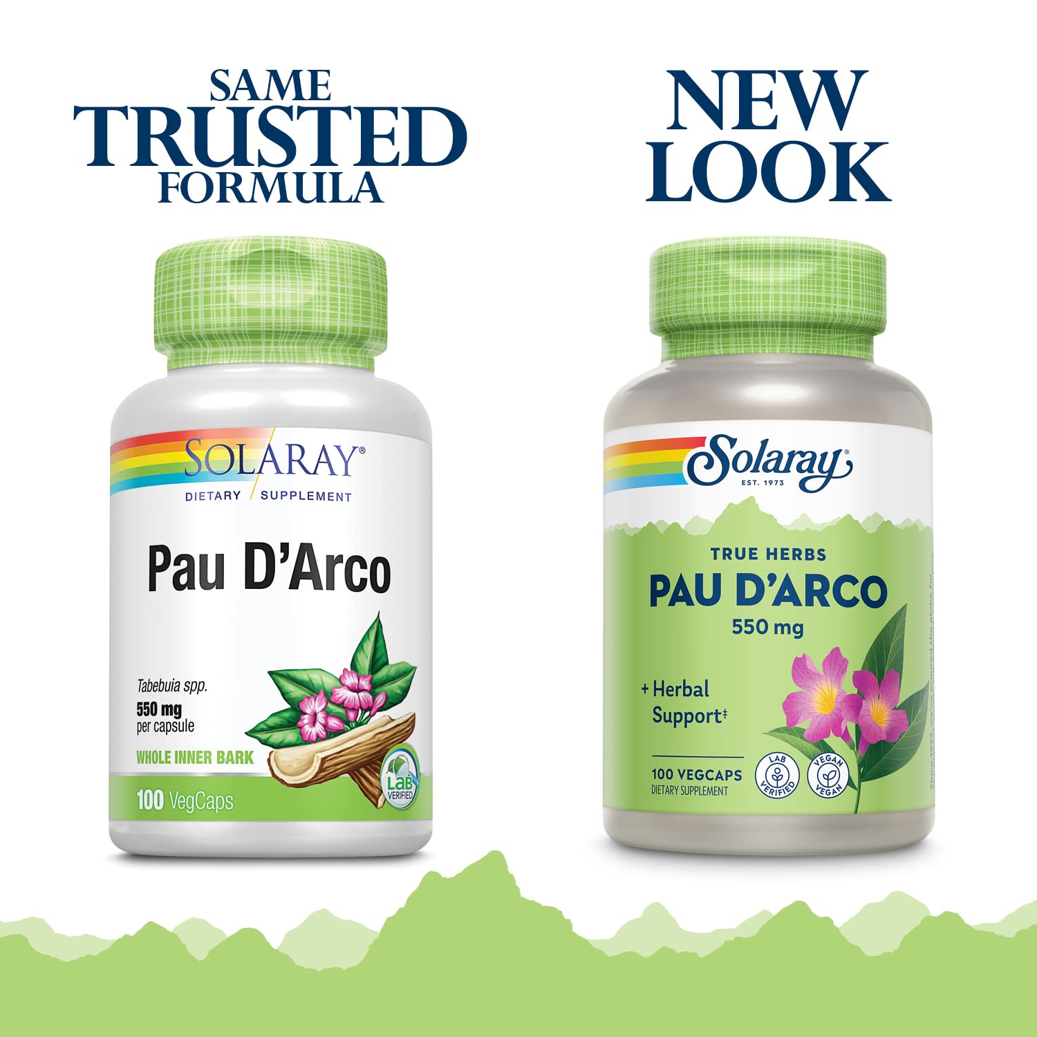 100-count bottle of Solaray Pau D'arco inner bark capsules
