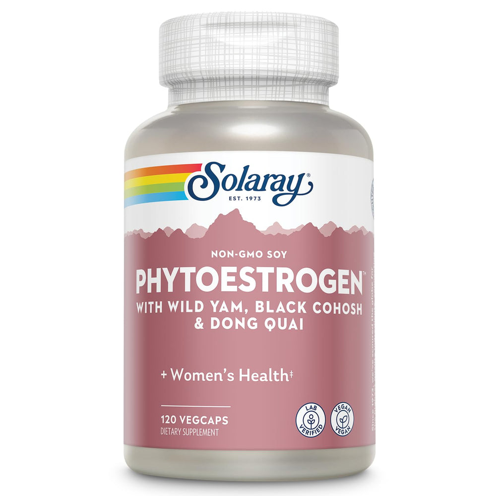 SOLARAY PhytoEstrogen bottle front shows vegan capsules for menopause support.