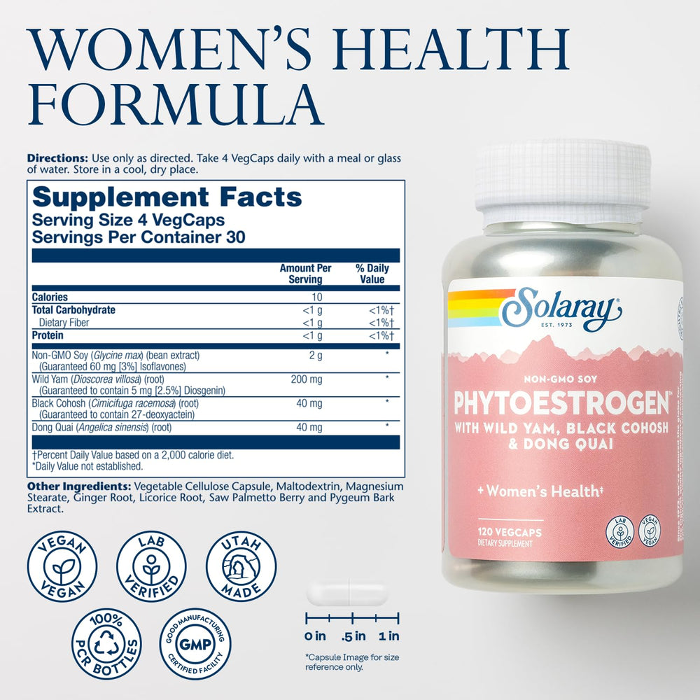 SOLARAY PhytoEstrogen capsules photographed for natural estrogen-support formula.