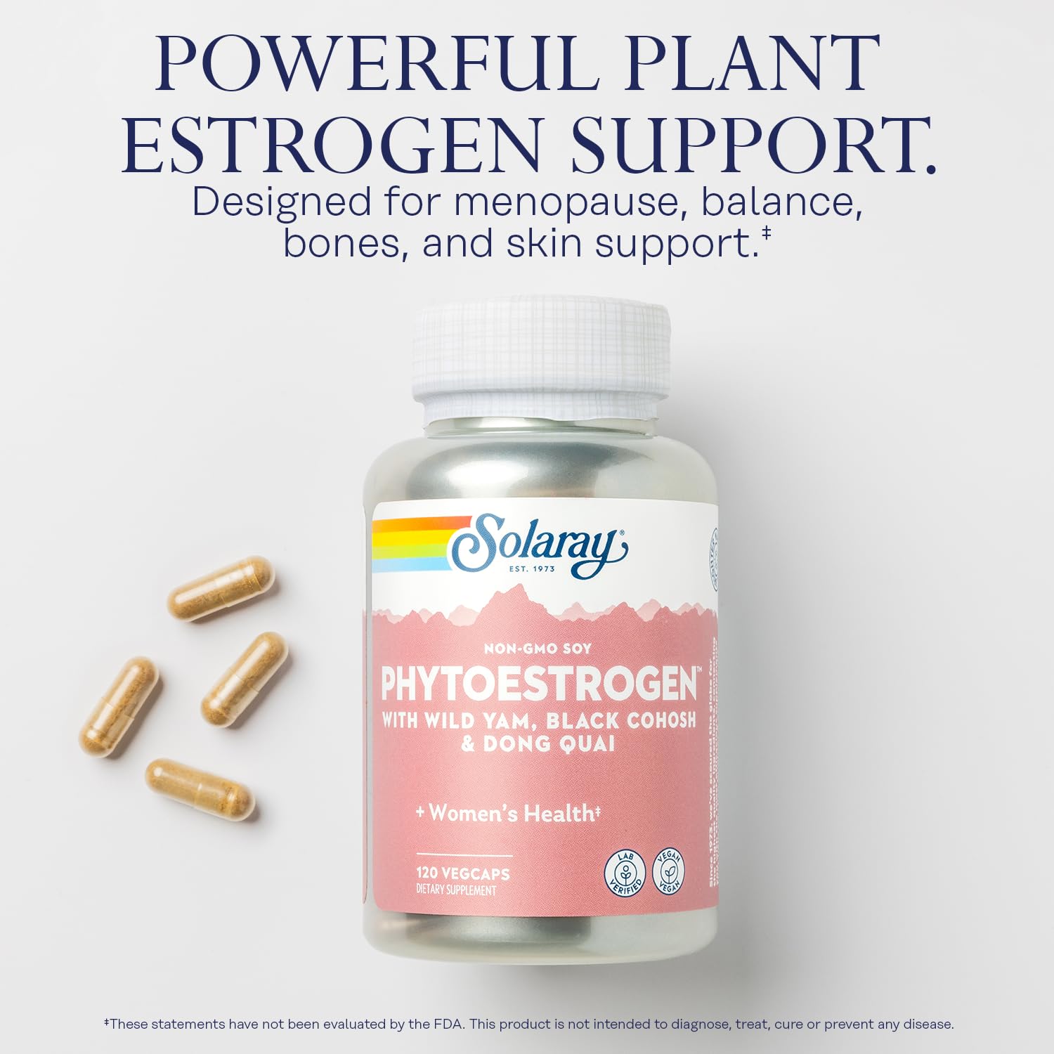 SOLARAY PhytoEstrogen lab label confirms GMP testing for quality.