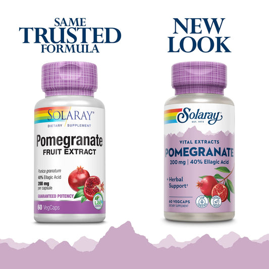 Close-up of Solaray Pomegranate Extract 200 mg supplement bottle with label