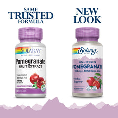 Close-up of Solaray Pomegranate Extract 200 mg supplement bottle with label