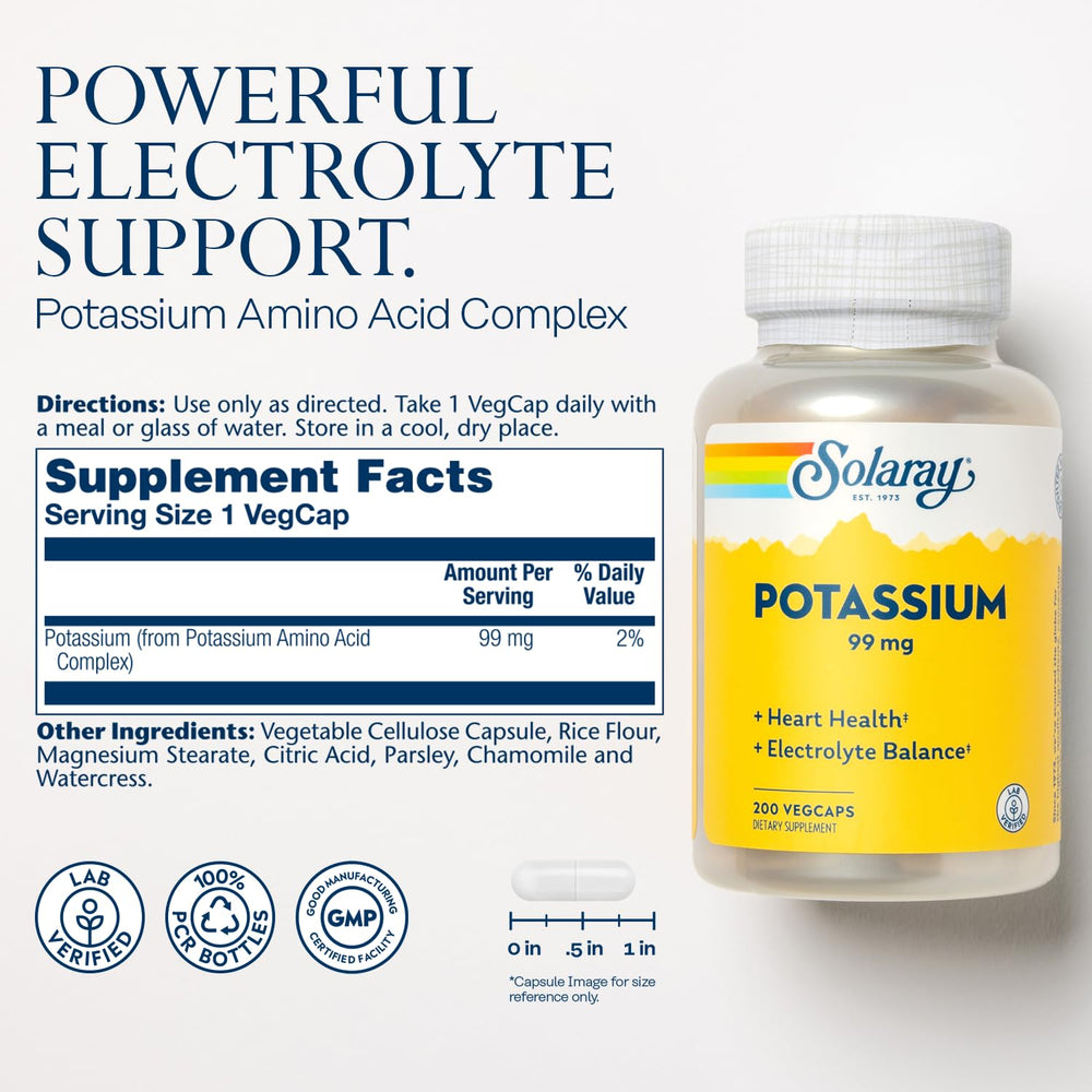 Potassium supplement facts panel showing 99 mg per serving
