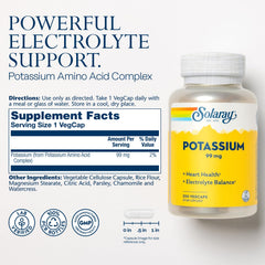 Potassium supplement facts panel showing 99 mg per serving