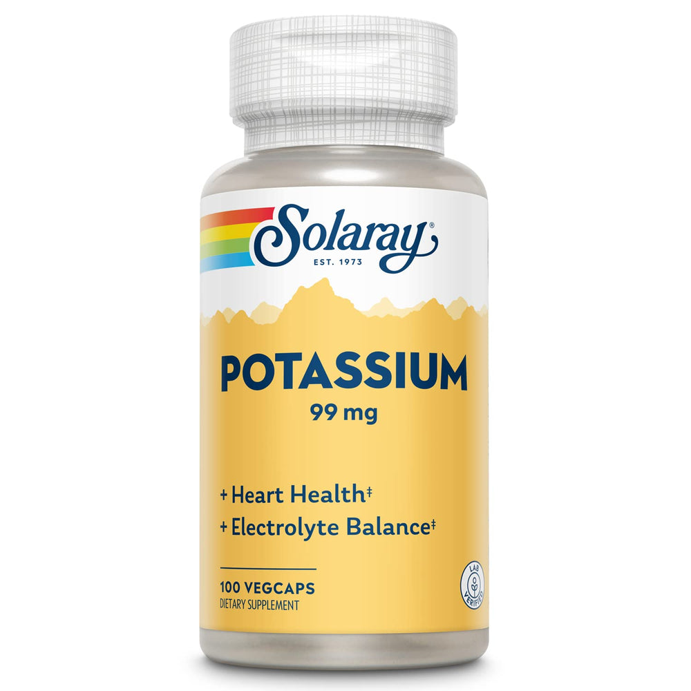 Solaray Potassium 99 mg bottle label featuring 100 VegCaps