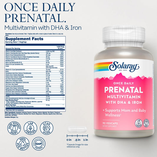 Close-up of Solaray Prenatal Multivitamin label on bottle