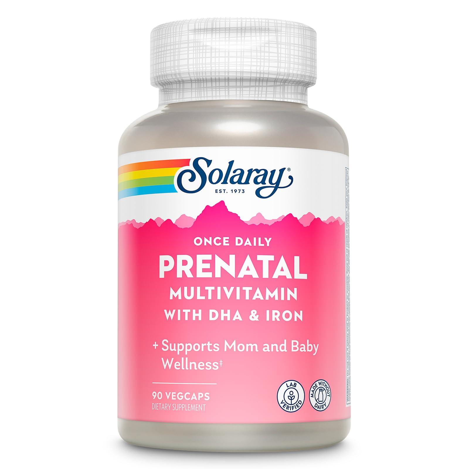 Bottle of Solaray Once Daily Prenatal Multivitamin with DHA & Iron, 90 VegCaps