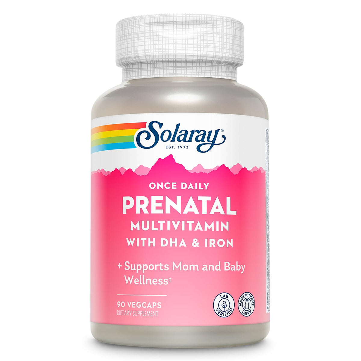 Bottle of Solaray Once Daily Prenatal Multivitamin with DHA & Iron, 90 VegCaps