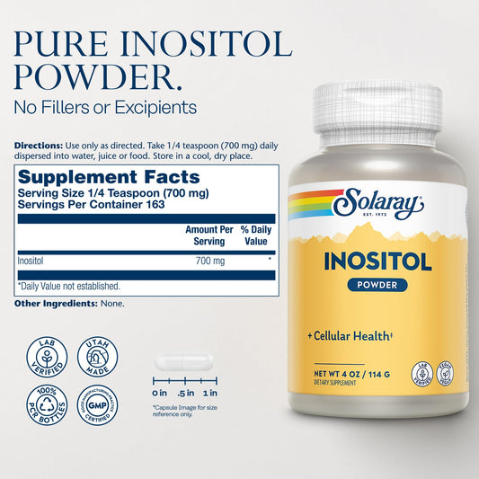 Scoop measuring 1/4 teaspoon of inositol powder