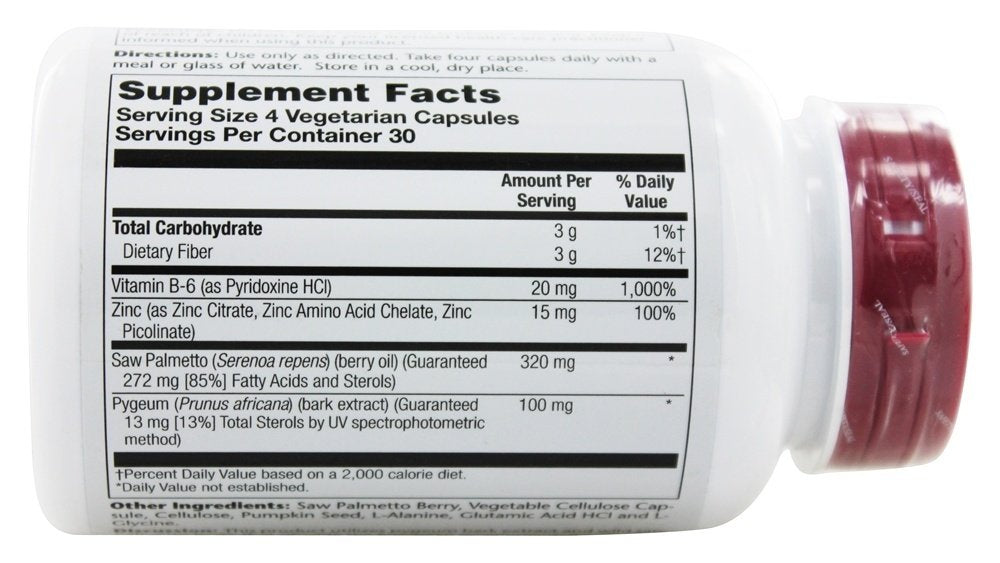 Solaray Pygeum & Saw Palmetto bottle label highlighting standardized ingredients