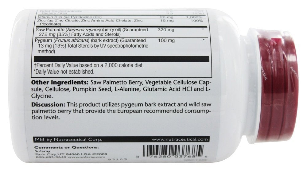 Solaray Pygeum & Saw Palmetto packshot showing 120 vegetarian capsules