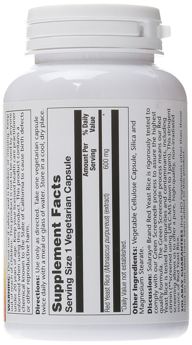 Close-up of Solaray Red Yeast Rice 600 mg label