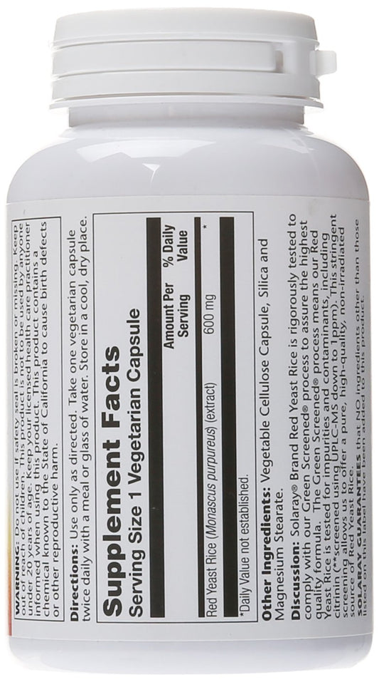Close-up of Solaray Red Yeast Rice 600 mg label