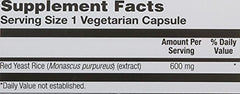 Back of Solaray Red Yeast Rice bottle showing supplement facts