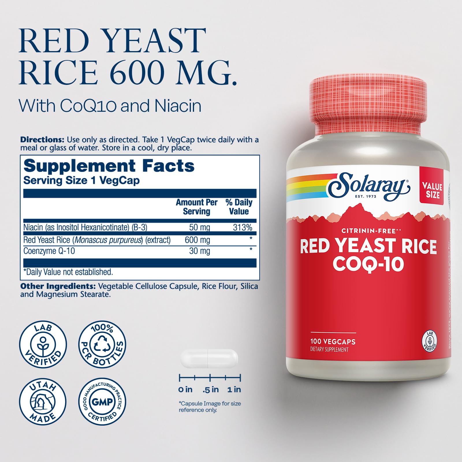 SOLARAY Red Yeast Rice CoQ10 label closeup highlighting quality ingredients.