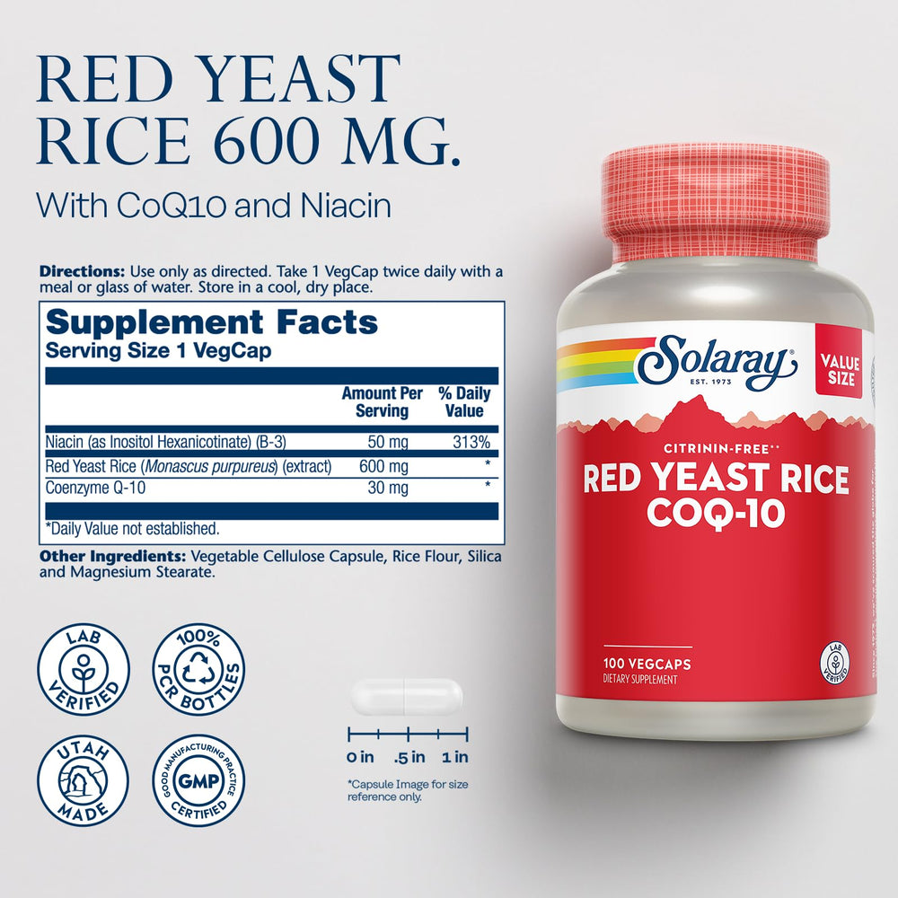 SOLARAY Red Yeast Rice CoQ10 label closeup highlighting quality ingredients.