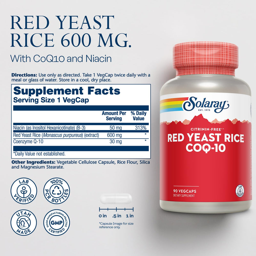 Close-up of Solaray Red Yeast Rice CoQ-10 Niacin VegCaps bottle