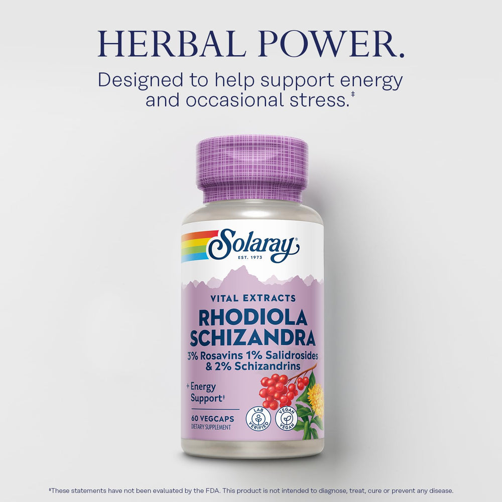 Product label showing Rosavins, Salidrosides, and Schizandrins