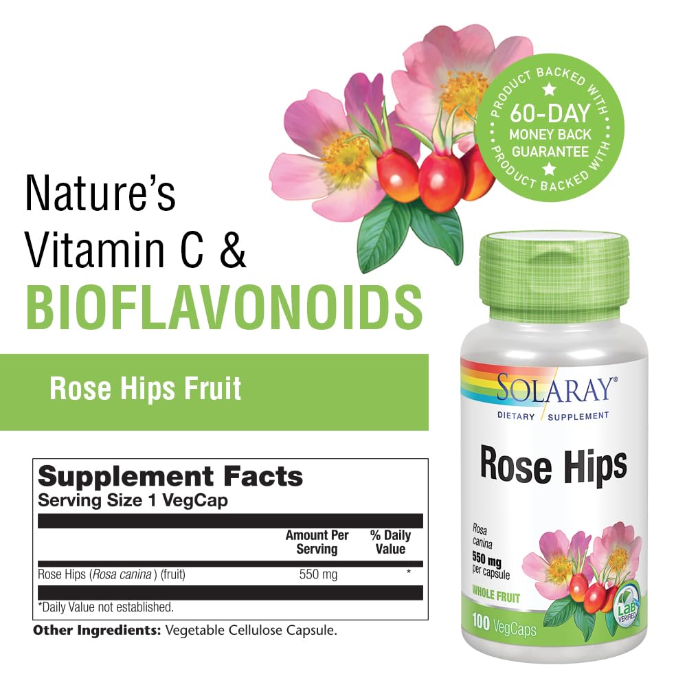 Non-GMO and vegan labels on Solaray Rose Hips bottle