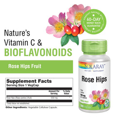 Non-GMO and vegan labels on Solaray Rose Hips bottle