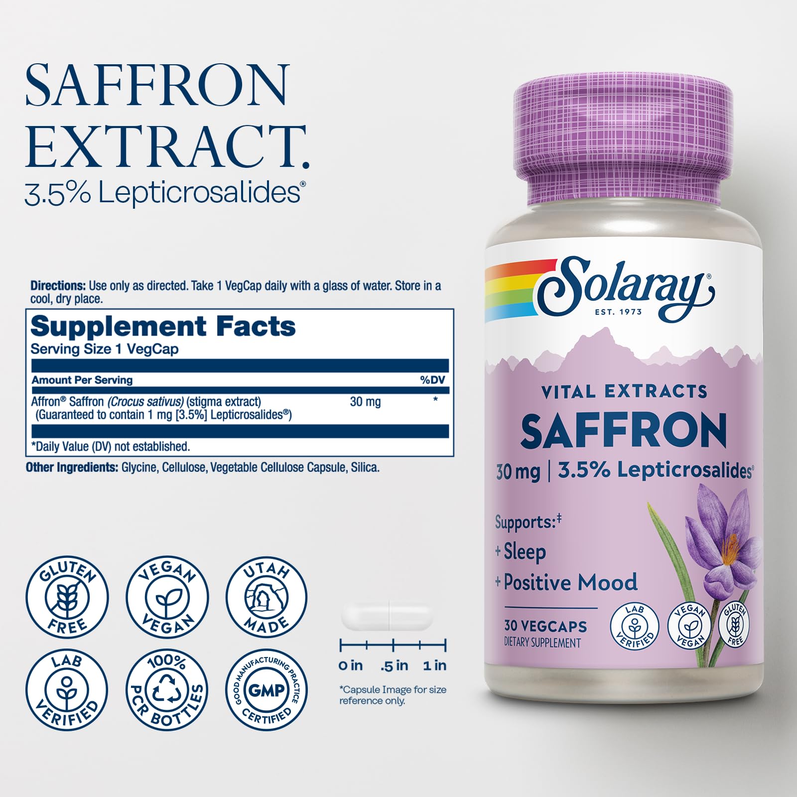 Close-up side view of SOLARAY saffron extract bottle