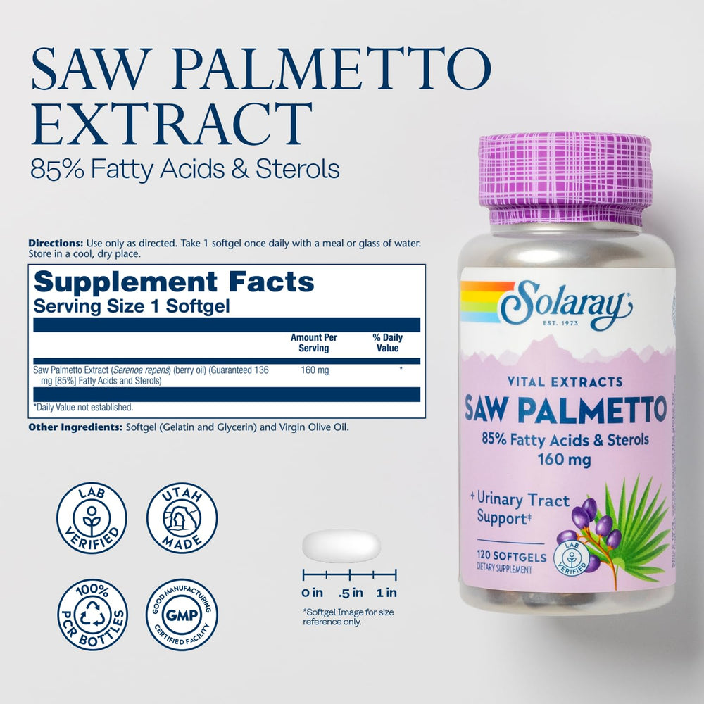 SOLARAY Saw Palmetto berry oil softgel, demonstrating standardized strength for men.