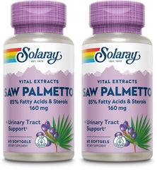SOLARAY Saw Palmetto Extract bottle shows high potency softgels for urinary support.