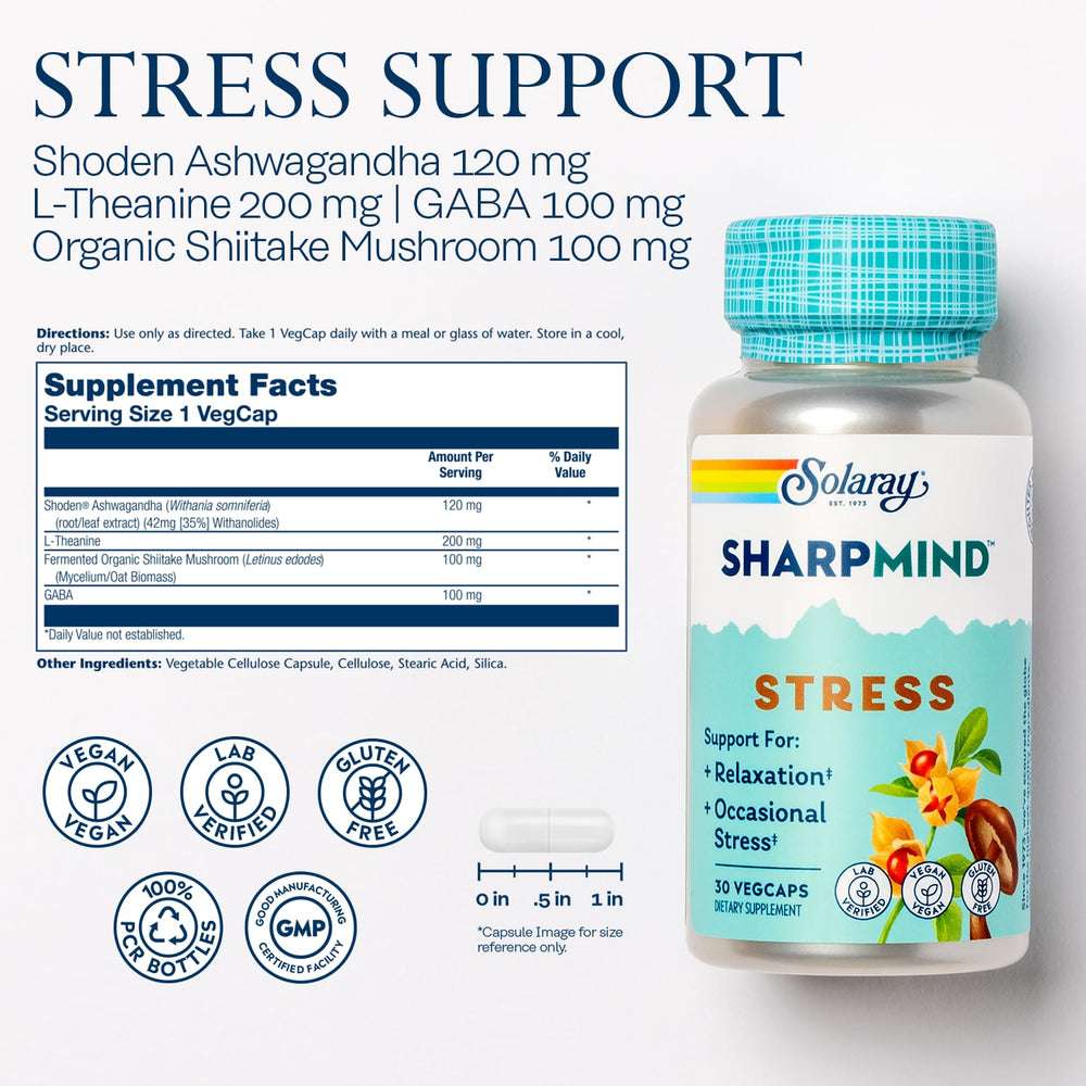 Close-up of SharpMind ingredients: Ashwagandha, L-Theanine and GABA