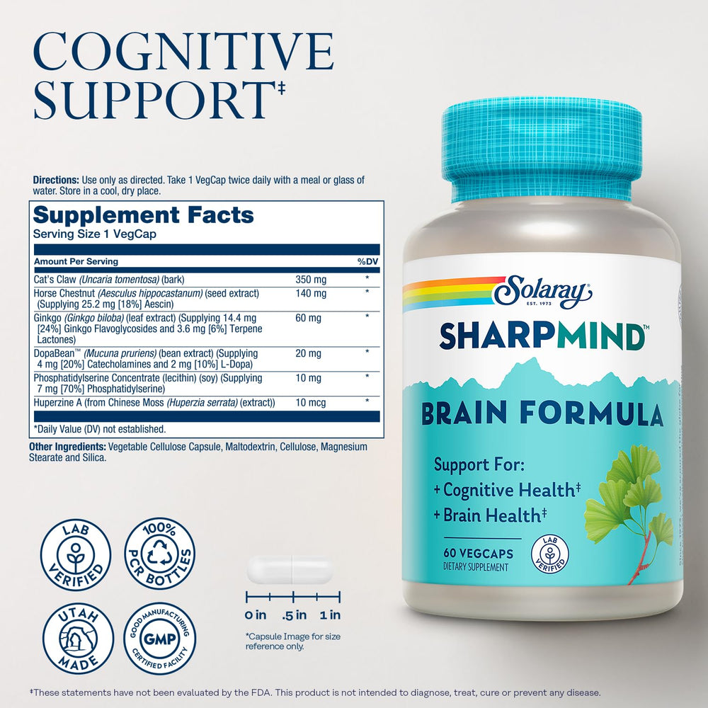Close-up of SharpMind capsules and label