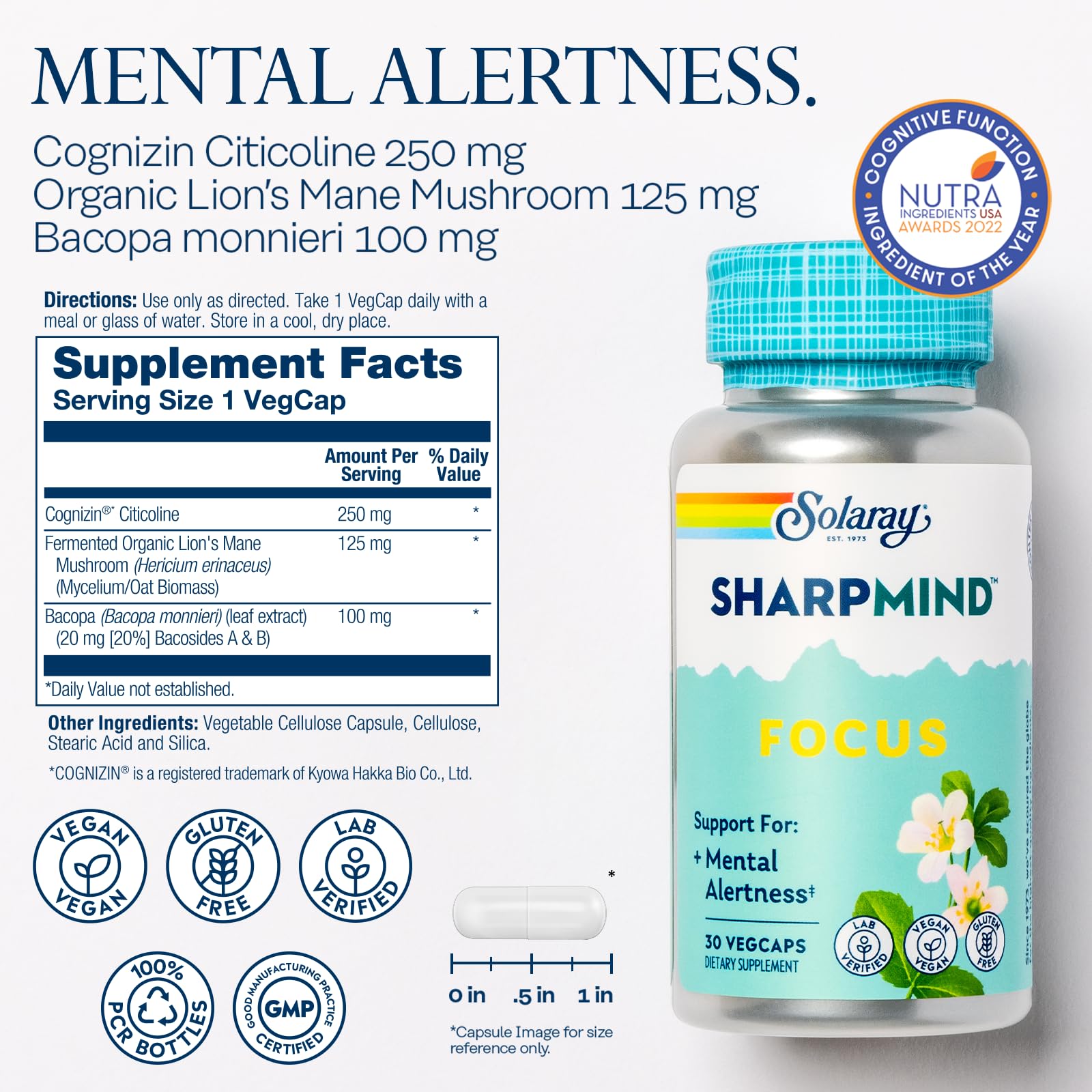 Cognizin Citicoline and Bacopa monnieri ingredients on packaging