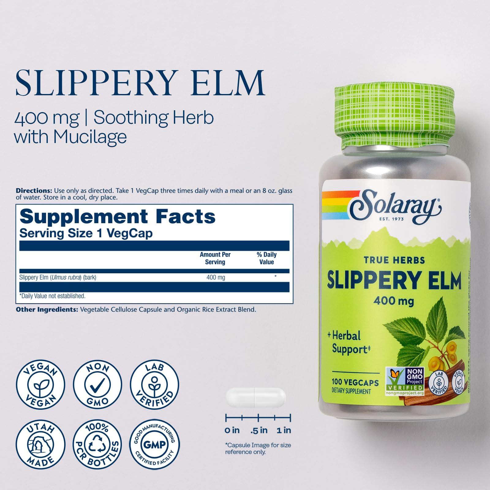 Vegan Slippery Elm Bark Capsules by SOLARAY